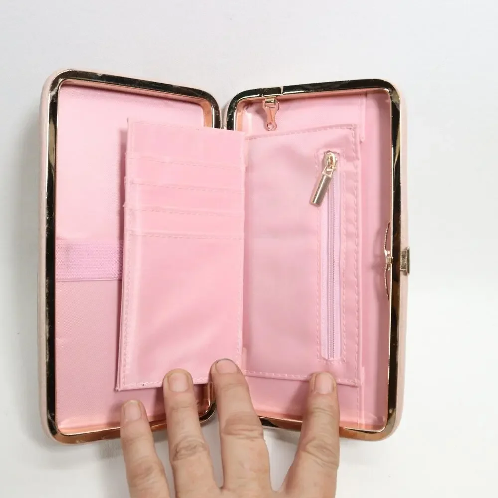 Classic Clutch Hard Case Wallet Women Pink Blush Faux Pebble Leather ID Cards